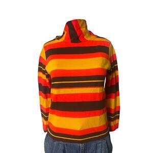 Vintage 70's Striped Long Sleeve Knit Mock Neck Top Orange Brown Medium